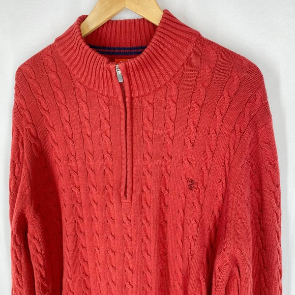 Izod Cable Knit Sweater Red Quarter Zip 100% Cotton Long Sleeve Midweight XXL - Picture 3 of 7